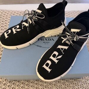 Prada Black Knit Logo Slip-On Sneakers with White Sole